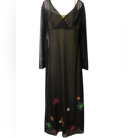 Black sheer over Chartreuse green slip dress - Picture 1 of 11